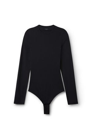 Černé body s dlouhým rukávem, kulatým výstřihem a zapínáním na druky v rozkroku, zobrazené na bílem pozadí.