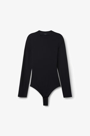 Černé body s dlouhým rukávem, kulatým výstřihem a zapínáním na druky v rozkroku, zobrazené na bílem pozadí.