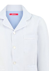Cotton pajama shirt with blue and white vertical stripes, notch collar, two front pockets, and white buttons. Gingham lining visible at collar.