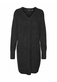 Maglione grigio scuro a maglia con scollo a V, maniche lunghe, polsini a coste e una vestibilità ampia che arriva fino a metà coscia, caratterizzato da un design semplice.