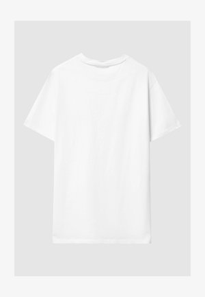 T-shirt bianco a maniche corte, mostrato dal retro su uno sfondo grigio chiaro.