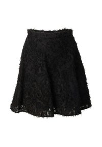 Schwarzer A-Linien-Rock aus strukturiertem Spitzengewebe mit fransigem Finish, fitted Taille und ausgestelltem Saum für eine luftige Silhouette.