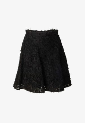 Black A-line skirt featuring textured lace fabric with a fringed finish, a fitted waist, and a flared hem for a lightweight silhouette.