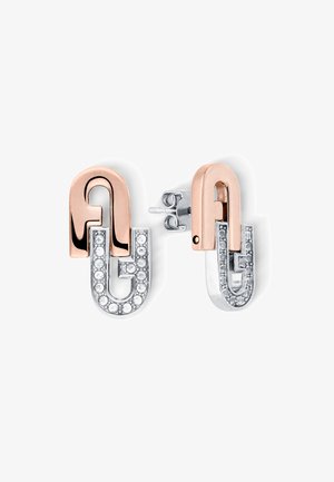 Zlate in srebrne uhane v abstraktnih oblikah, ena stran z okrasjem iz proclear kristalov, z moderno, prepletajočo se zasnovo.