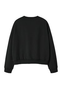 Juodas džemperis su laisvu siluetu, šonkačiavimo apvaliu kaklu ir ilgomis rankovėmis. Savybės: elastinga apačia ir rankogaliai; minkšta audinio tekstūra.