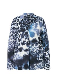 Een knoopshirt van zijdeachtig materiaal met een blauw en zwart dierenprint met verschillende patronen, lange mouwen en een klassieke kraag.