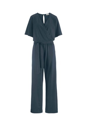 Dunkelgrauer Jumpsuit mit kurzen, weiten Ärmeln, Wickelvorderseite, Schlüssellochausschnitt und passendem Gürtel in der Taille; aus weichem Material gefertigt.