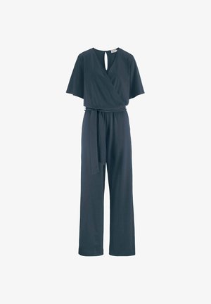 Donkergrijze jumpsuit met korte, brede mouwen, wikkelvoorkant, keyhole halslijn en een bijpassende riem op de taille; gemaakt van zacht materiaal.