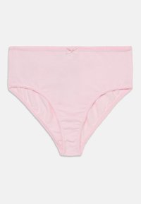 Svetloružové bavlnené nohavičky so hladkou textúrou, s dekoratívnym prešívaním a s malou mašličkou na páse.