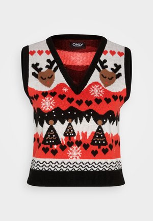 ONLY, ONLXMAS HEART V NECK VEST - Strickpullover - black/poppy red/green bee
