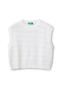 Weißer ärmelloser Pullover mit strukturiertem Strickmuster, ausgestattet mit horizontalen Streifen und einem runden Ausschnitt. Das Etikett auf der Innenseite zeigt die Marke.