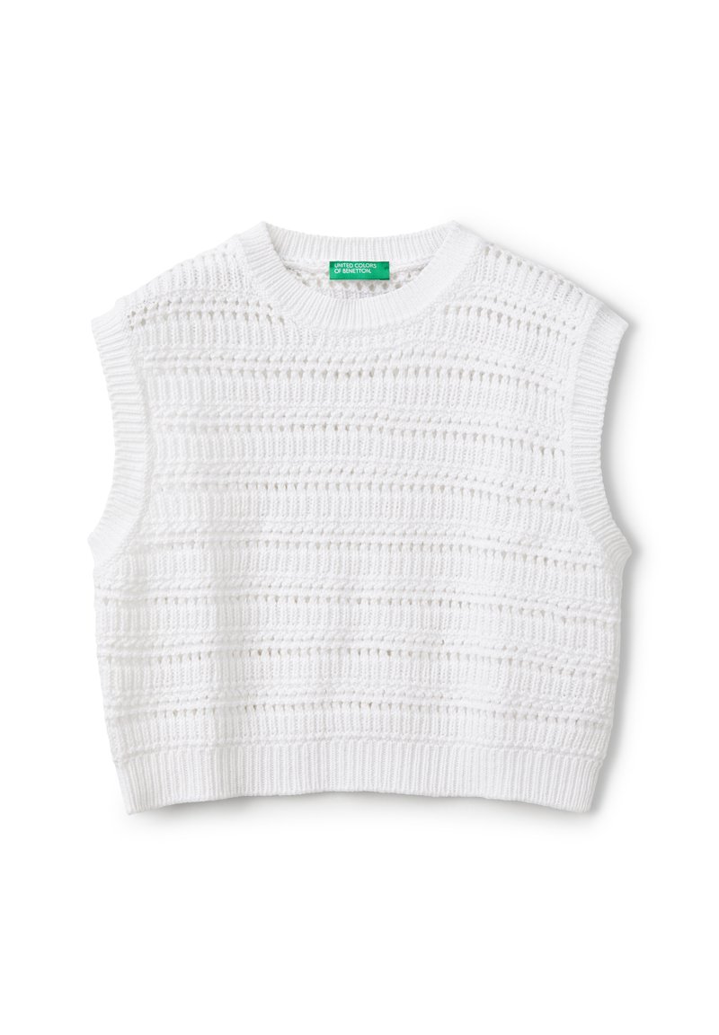Weißer ärmelloser Pullover mit strukturiertem Strickmuster, ausgestattet mit horizontalen Streifen und einem runden Ausschnitt. Das Etikett auf der Innenseite zeigt die Marke.