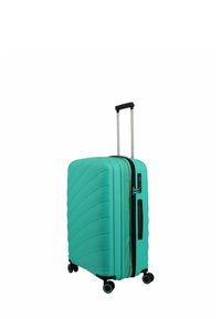 Valigia rigida di colore teal, con un design rigato, doppie cerniere, manico retrattile e quattro ruote nere con accenti teal.