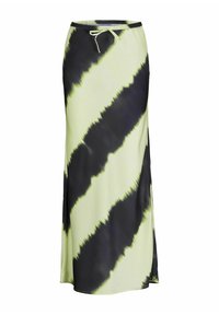 Lange rok met een tie-dye patroon in neon geel en zwart. Gemaakt van soepele stof met een drawstring taille en een zijsplit.
