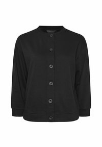 Cárdigan negro de manga larga con cuello redondo, que cuenta con un cierre de botones y un dobladillo acanalado. Fabricado en una tela suave con un ajuste relajado.