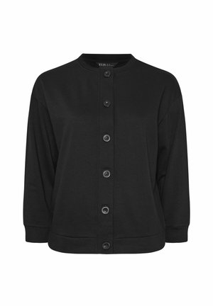 Schwarzer, langärmeliger Cardigan mit Rundhalsausschnitt, der eine Knopfleiste und einen gerippten Saum aufweist. Hergestellt aus weichem Stoff mit einer lockeren Passform.