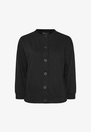Black, long-sleeve cardigan with a crew neckline, featuring a button front and ribbed hem. Made from soft fabric with a relaxed fit.