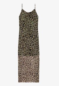 Šaty so vzorom leopardie kože na tenkých ramienkach, vyrobené z ľahkého materiálu, s polopriesvitnou textúrou a priliehavým strihom.