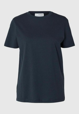 Marinfärgad t-shirt med kort ärm tillverkad av mjuk bomull. Har en ribbad halsringning och en avslappnad passform, med rak fåll och sidofickor.
