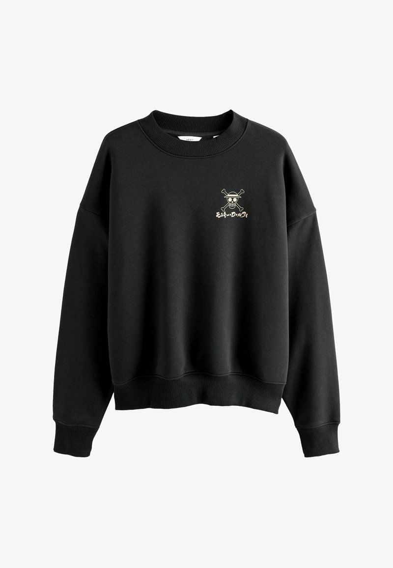 Felpa nera con colletto e polsini a costine. Presenta una piccola grafica di uno scheletro bianco e oro sul petto. Tessuto morbido, vestibilità rilassata.