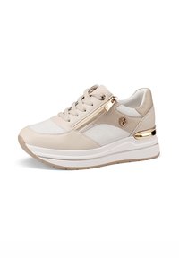 Sneaker beige con parte superiore in pelle e rete, dotato di lacci e una cerniera laterale decorativa. Suola bianca con dettagli dorati sul tallone.