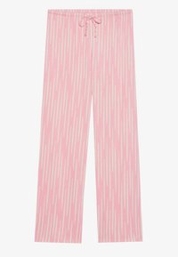 Jasnoróżowe spodnie z poziomym prążkiem w kolorze białym, z elastycznym pasem na sznurku oraz luźnym, szerokim krojem.