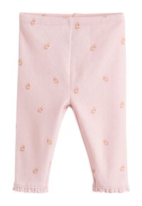 Colanți roz din bumbac cu un model texturat. Prezintă mici desene florale și tivuri cu volănașe la manșete. Talie elastică pentru confort.