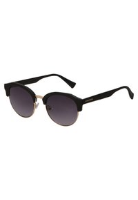 Ochelari de soare negri cu lentile rotunde, de tip gradient și un cadru cu accente aurii. Prezintă brațe groase din plastic și un detaliu subtil cu logo pe lateral.