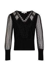Haut noir avec un col en V, des détails en dentelle et des manches bouffantes en tulle à pois noirs. Tissu doux avec une taille ajustée et des longues manches.