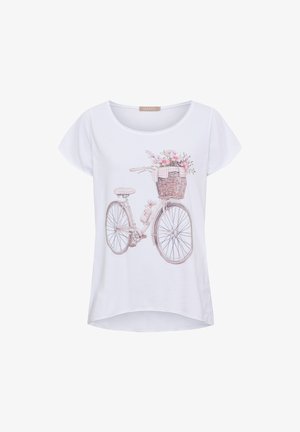 Hvid kortærmet skjorte med et tryk af en vintage cykel med en kurv fyldt med lyserøde blomster på fronten.