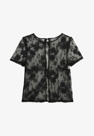 Blusa nera in pizzo con maniche corte, motivo floreale, scollo rotondo, apertura a goccia sul retro e chiusura con laccio.