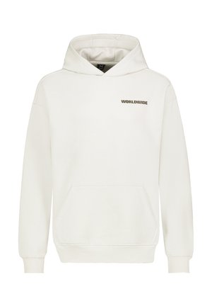 Weiße Kapuzenjacke mit einer Vorderasche und "WORLDWIDE" in dunkelbraun auf der linken Brust gedruckt. Weiches Material, lockerer Schnitt.