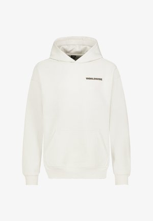 White hooded sweatshirt with a front pocket and "WORLDWIDE" printed in dark brown on the left chest. Soft material, relaxed fit.