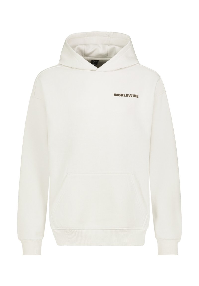 White hooded sweatshirt with a front pocket and "WORLDWIDE" printed in dark brown on the left chest. Soft material, relaxed fit.