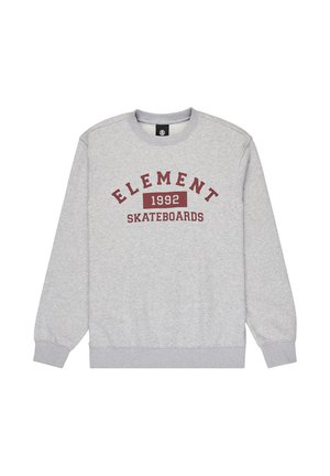 Sivá mikina vyrobená z bavlnenej zmesi, s okrúhlym výstrihom, rebrovanými manžetami a textom "ELEMENT 1992 SKATEBOARDS" v bordovej farbe.