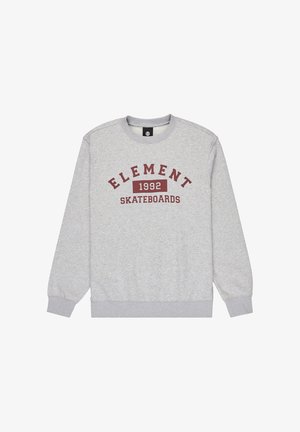 Gray sweatshirt made of cotton blend, featuring a crew neckline, ribbed cuffs, and the text "ELEMENT 1992 SKATEBOARDS" in burgundy.