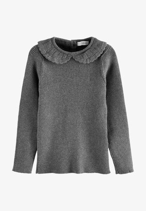 Pull gris à manches longues en maille côtelée, avec un col Peter Pan à volants, une texture tricotée et une petite fermeture par bouton au dos.