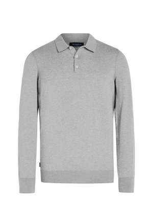 Light gray long-sleeve polo shirt with three white buttons and ribbed cuffs and hem, displayed on a white background.