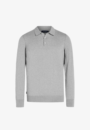 Light gray long-sleeve polo shirt with three white buttons and ribbed cuffs and hem, displayed on a white background.