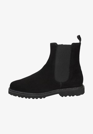 Bottines chelsea en suede noir avec panneaux latéraux élastiques, dessus texturé, bout rond et semelle en caoutchouc durable avec bande de traction.