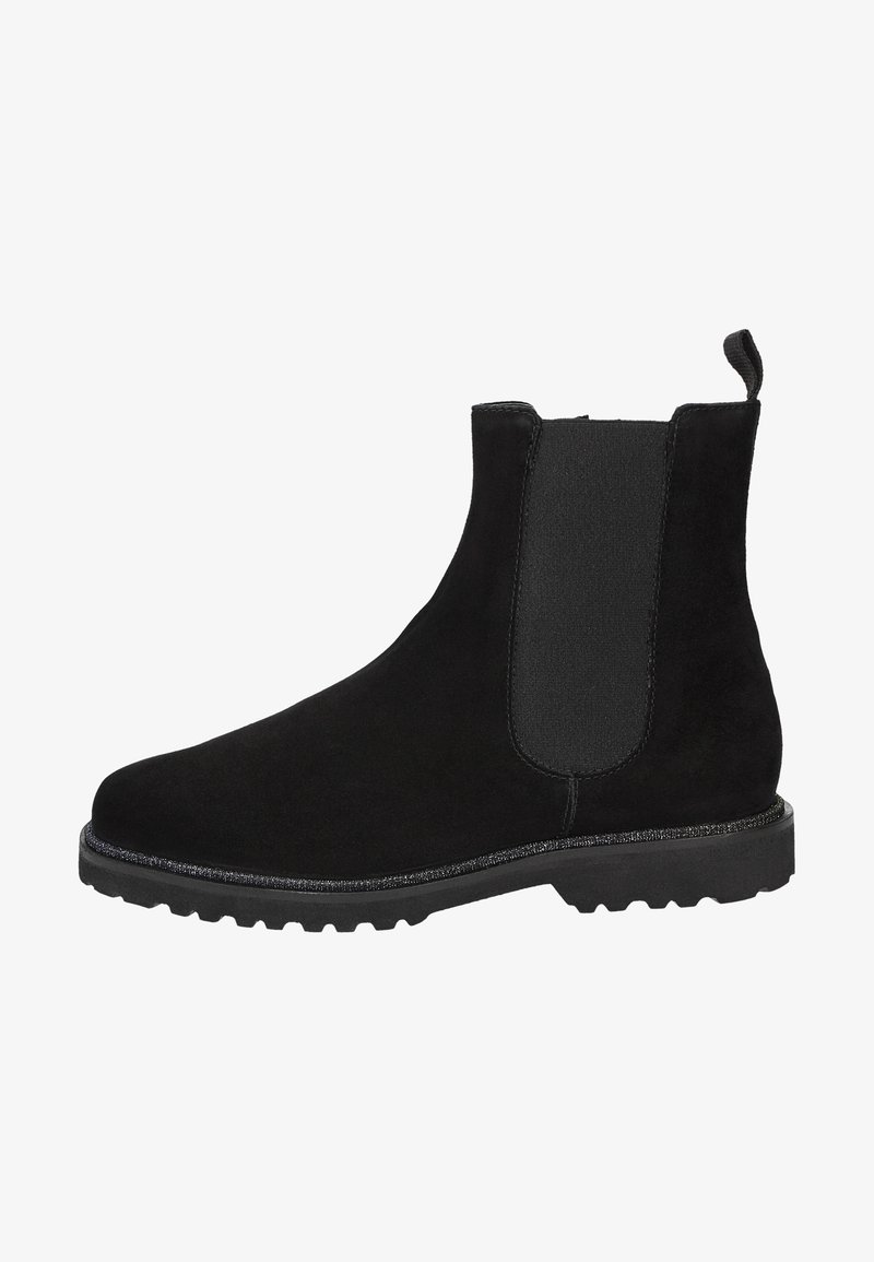 Schwarze Wildleder-Chelsea-Stiefel mit elastischen Seitenpaneelen, strukturiertem Obermaterial, runder Zehenform und einer stabilen Gummisohle mit Traktionsprofil.