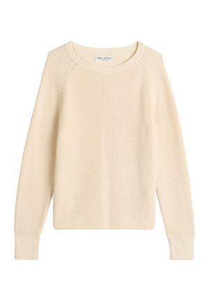 Beige knitted sweater with a round neckline, raglan sleeves, and ribbed cuffs. Made from soft fabric, featuring a textured, breathable design.