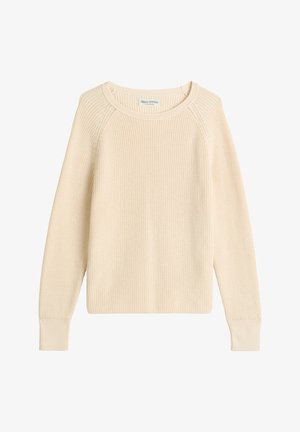 Beige gebreide trui met een ronde hals, raglanmouwen en geribbelde manchetten. Gemaakt van zachte stof, met een gestructureerd, ademend ontwerp.