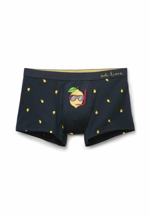 Marineblaue Boxershorts mit kleinen gelben Zitronenmustern und einer großen Zitrone mit Schnorchelausrüstung vorne in der Mitte, „sub-lime“ am Bund.