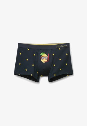Marineblauwe boxer met kleine gele citroenprints en een grote citroen met snorkeluitrusting aan de voorkant in het midden, "sub-lime" op de tailleband.