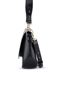 Black faux leather handbag with a crocodile texture, gold hardware accents, and an adjustable strap. Features a side pocket and flat base.