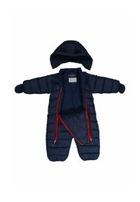 Marinblå vadderad snödräkt med avtagbar huva, dubbla framdragkedjor och röda detaljer. Mjuk innerfoder för värme och komfort.