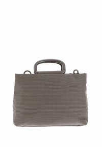 Sac à main rectangulaire en tissu gris avec surface texturée et poignées rigides en plastique noir sur fond blanc.