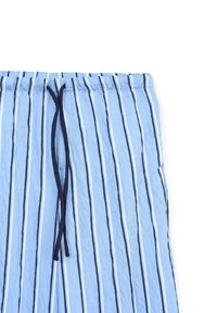 Blaue gestreifte Shorts aus strukturiertem Stoff. Vertikale Streifen in unterschiedlicher Breite, mit Kordelzug und elastischem Bund.