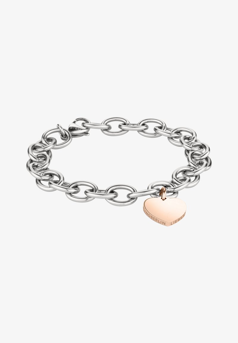 Silver-toned metal chain bracelet featuring large oval links, with a rose gold heart charm inscribed with "LIEBESBERLIN."